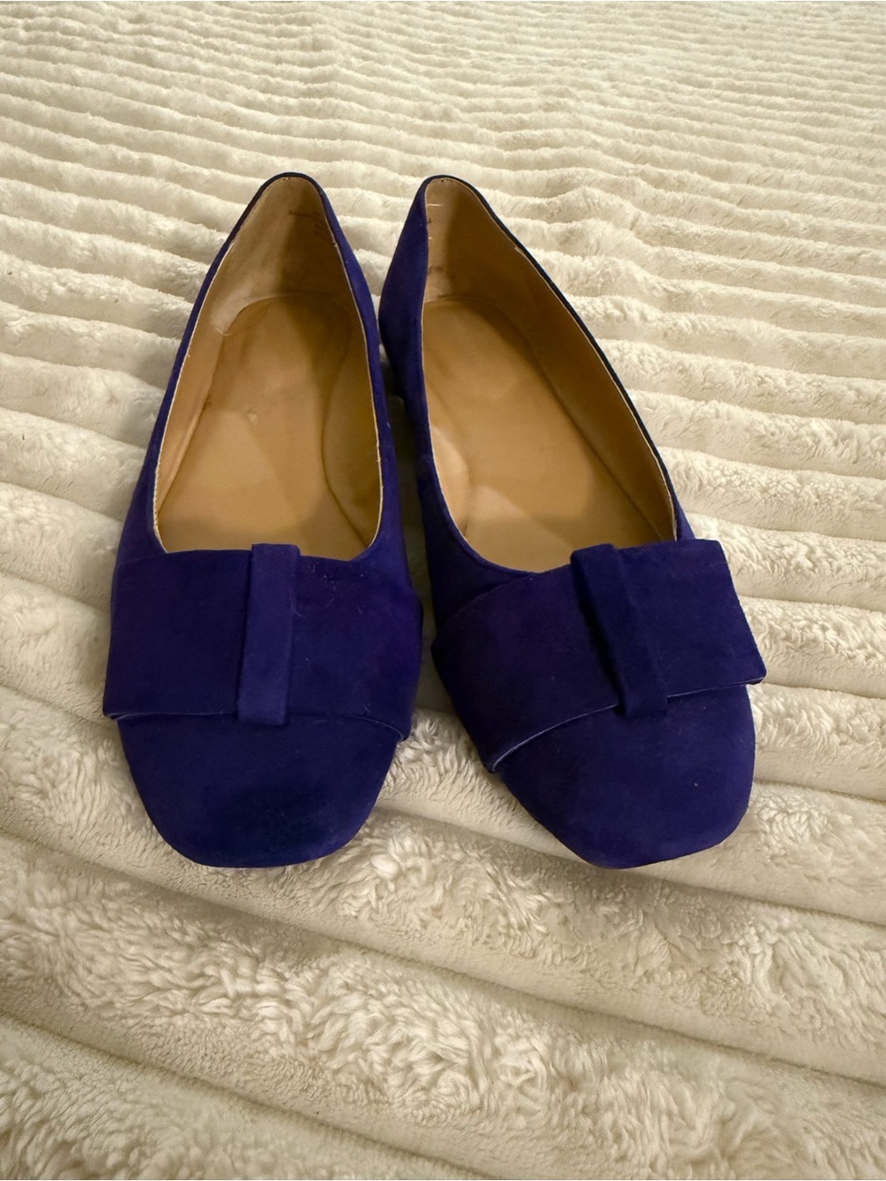 Blue Suede Bow-Front Slip-On Flats